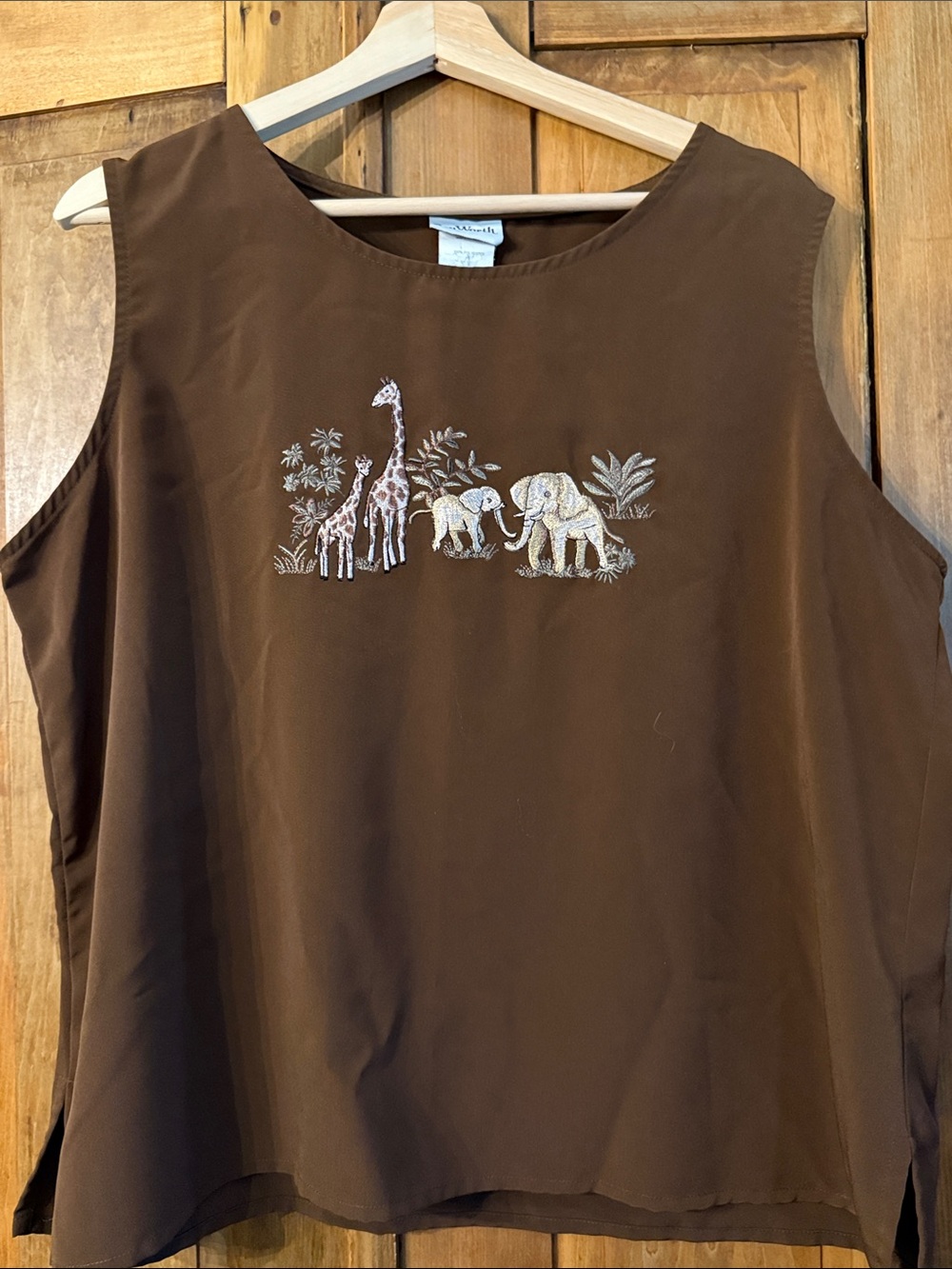 Vintage PL Brown Sleeveless Camisole Safari Embroidery Elephant Giraffe Funky
